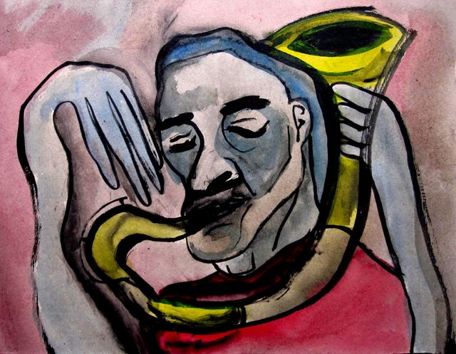 Homem de bigode abraçado por uma figura amarela