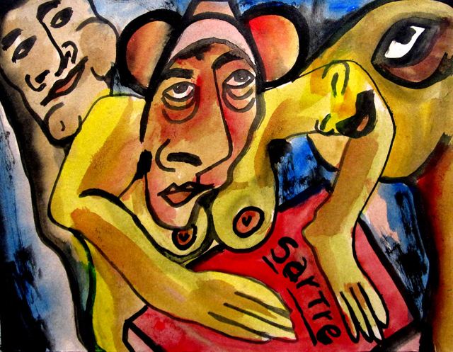 Figuras amarelas entrelaçadas com a palavra Sartre escrita na pintura