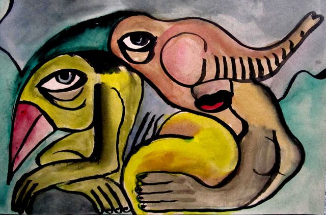Duas figuras amarelas com um pássaro, em lápis e tinta