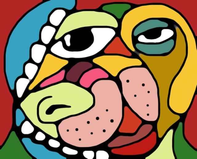 Rosto em blocos de cor, versão amarela e verde