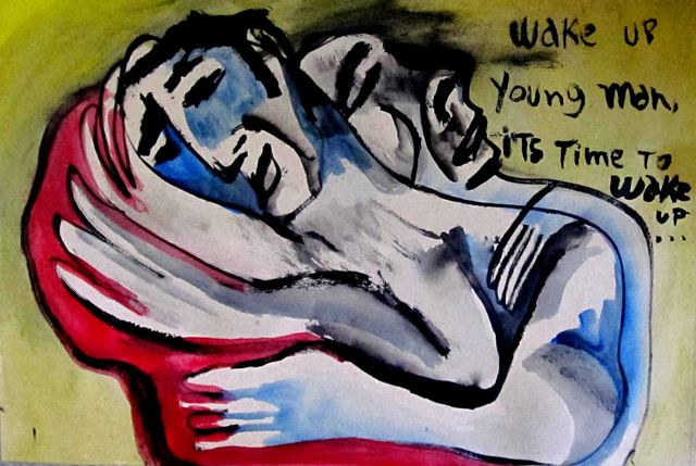 Casal abraçado com a frase Wake up young man escrita