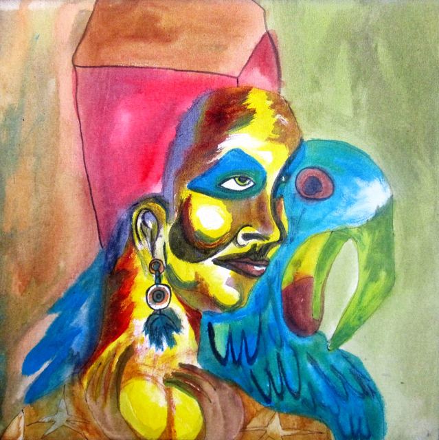 Perfil azul e amarelo com brinco, em cores vivas