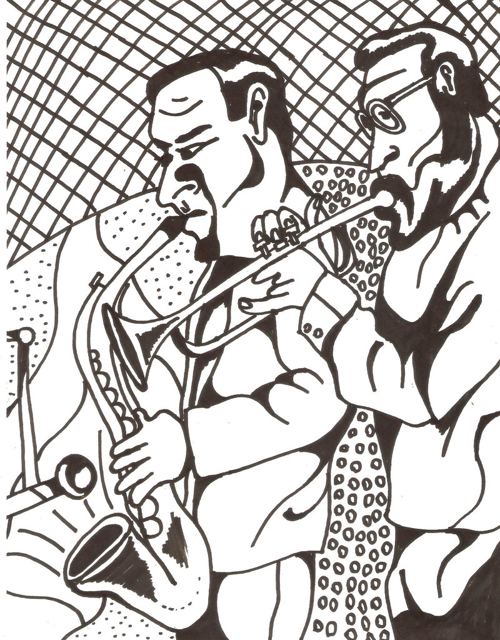 Saxofonista e músicos em nanquim com padrões de pontos