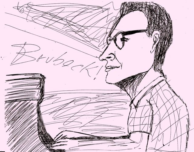 Pianista de óculos desenhado a caneta, com a palavra Brubeck escrita